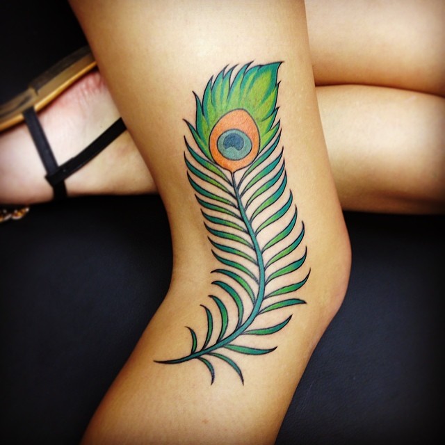 Color Peacock Feather Tattoo On Side Leg