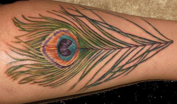 Color Peacock Tattoo On Side Leg
