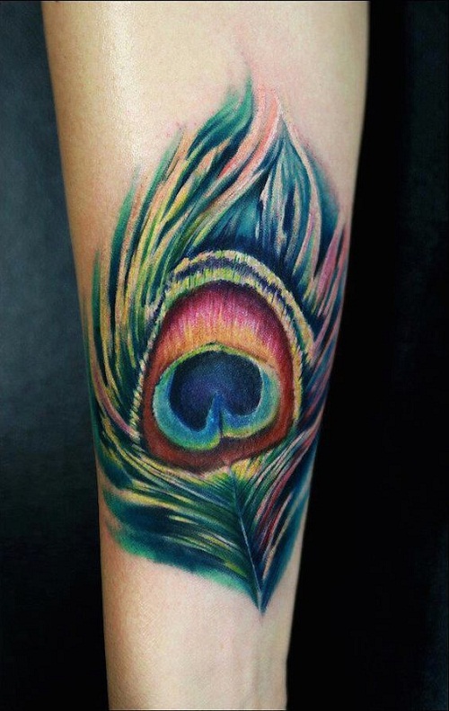 Colored Peacock Feather Tattoo On Arm Sleeve