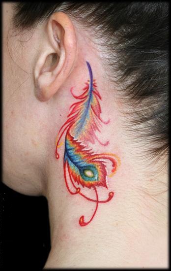 Colored Peacock Feather Tattoo On Girl Side Neck