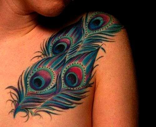 Colored Peacock Feather Tattoo On Left Shoulder