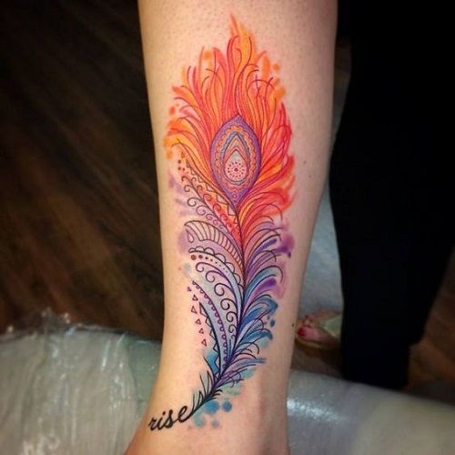 Colored Peacock Feather Tattoo On Leg