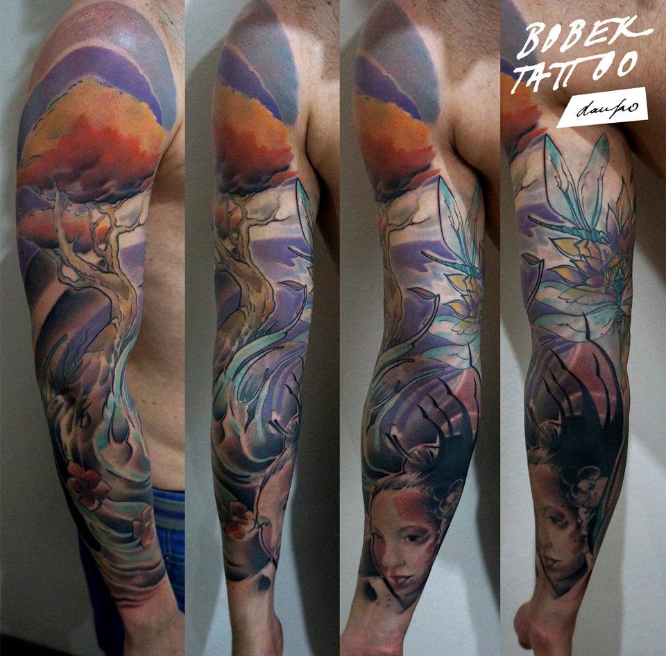 Colorful Abstract Tree With Women Head Tattoo On Man Right Full Sleeve