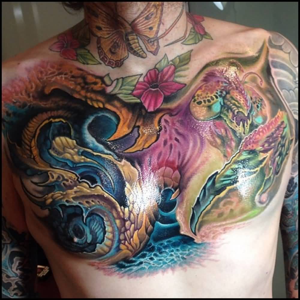 Colorful Bio Organic Tattoo On Man Chest By Fabz