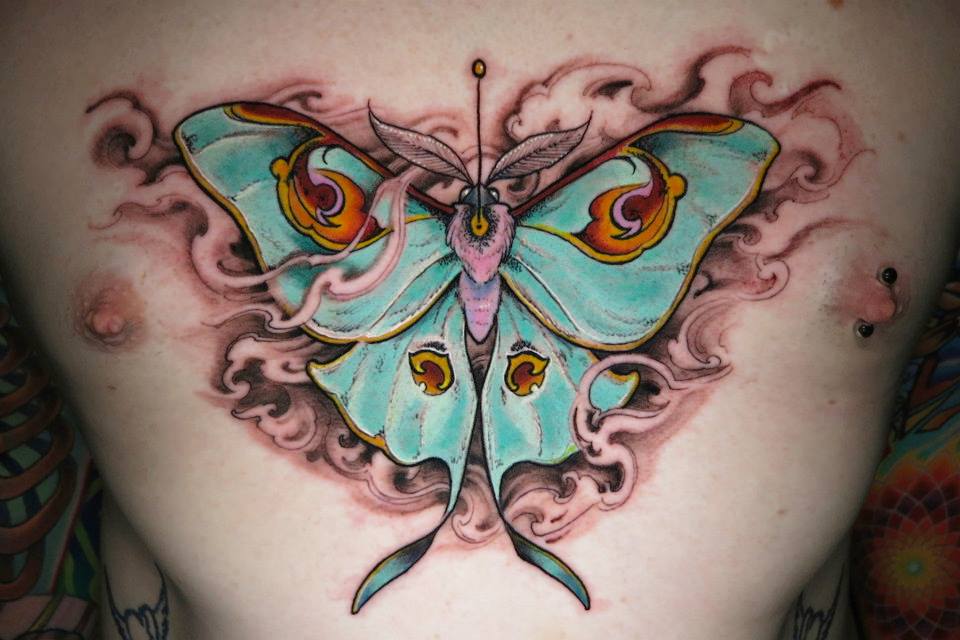 Colorful Butterfly Tattoo On Chest By Shawn Hebrank
