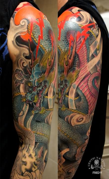 Colorful Dragon Tattoo On Left Half Sleeve By Fredy
