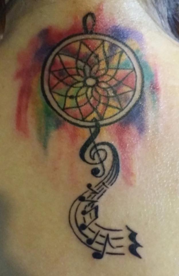 Colorful Dreamcatcher With Music Knots Tattoo On Upper Back By Jennie