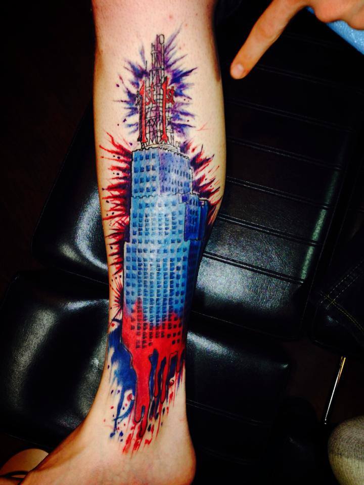 Colorful First National Bank Building Tattoo On Right Leg
