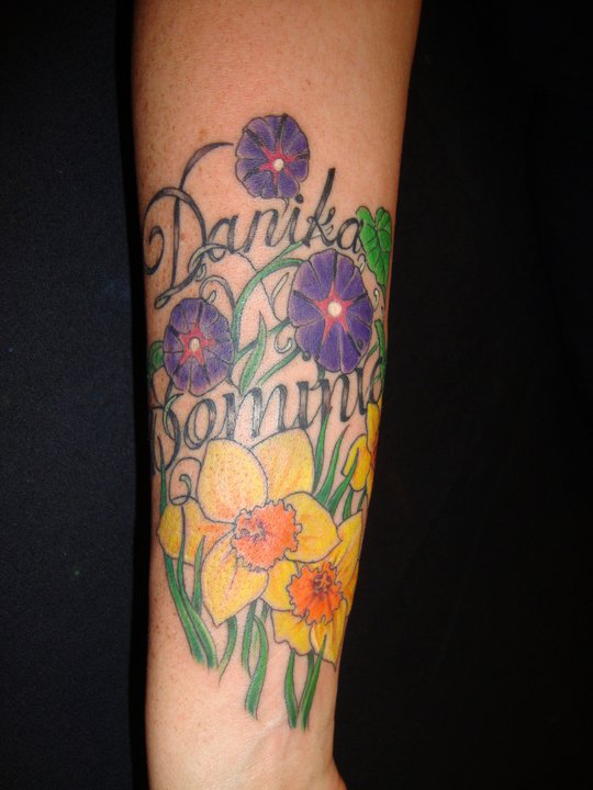 Colorful Flowers Tattoo On Forearm By Arthur Griffin Noyes