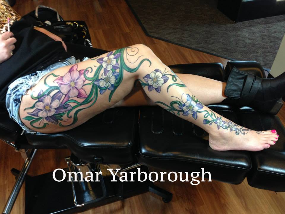 Colorful Flowers Tattoo On Women Right Full Leg By Omar
