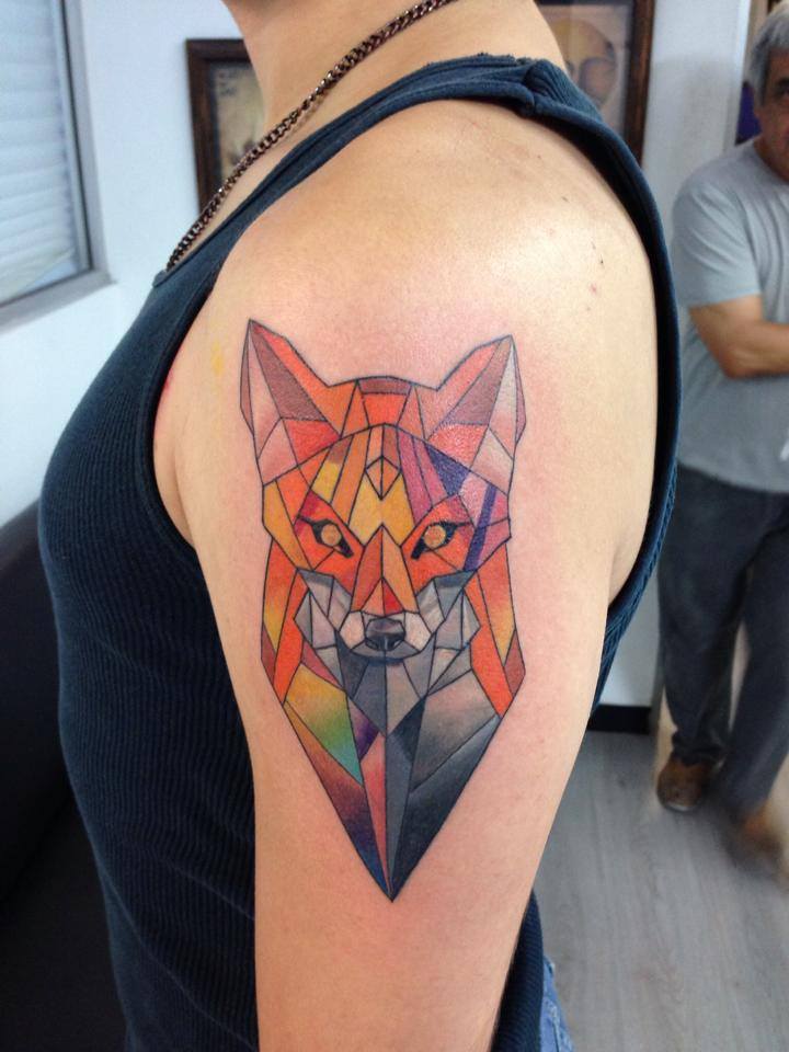 Colorful Geometric Fox Tattoo On Left Half Sleeve