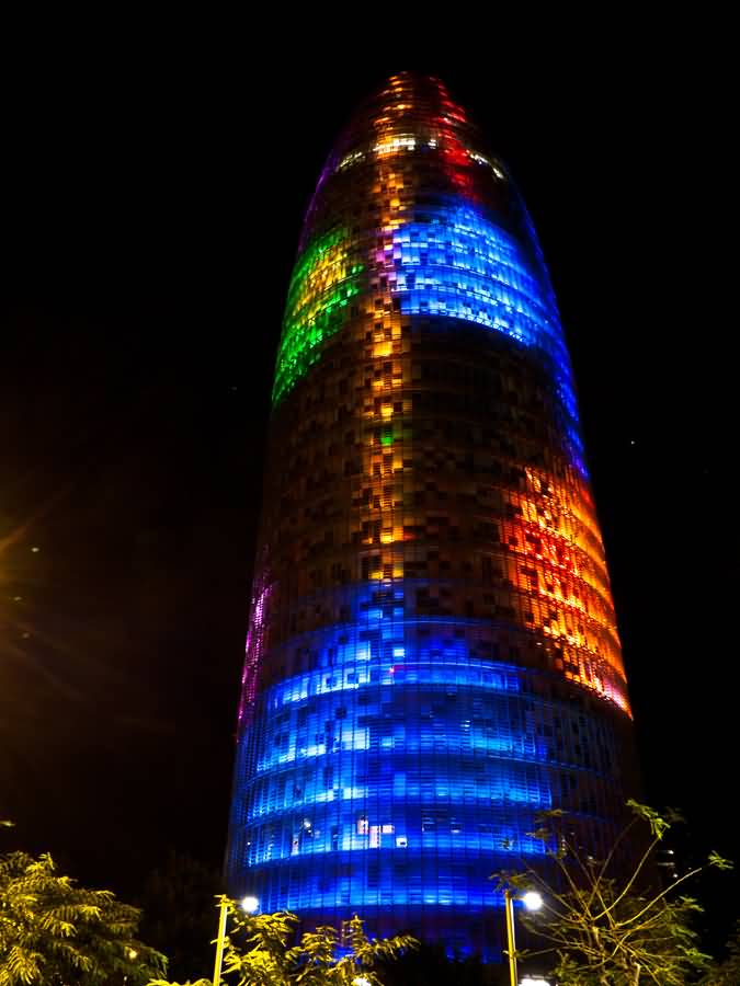 Colorful Lights On Torre Agbar At Night
