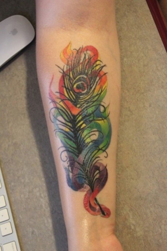 Colorful Peacock Feather Tattoo On Forearm