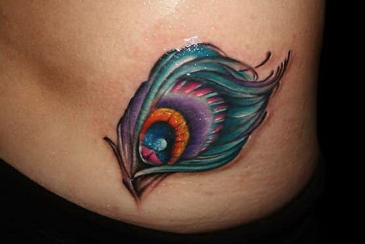 Colorful Peacock Feather Tattoo On Lower Back