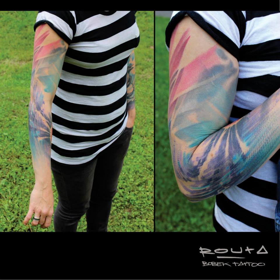 Colorful Tattoo On Right Full Sleeve By Martin Routa