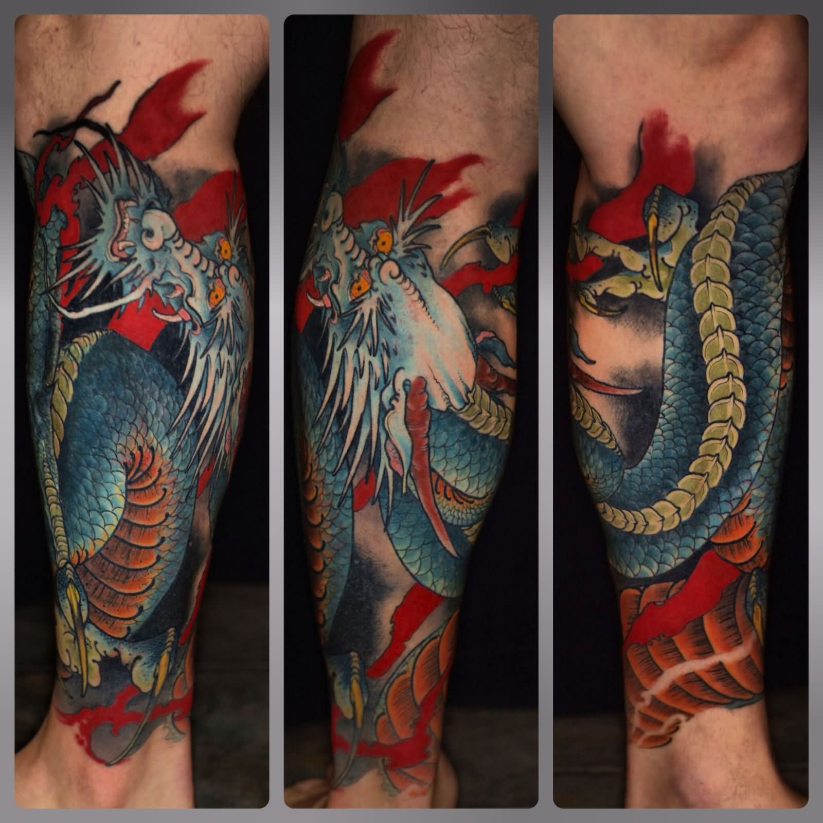 Colorful Traditional Dragon Tattoo On Leg By Ben Merrell