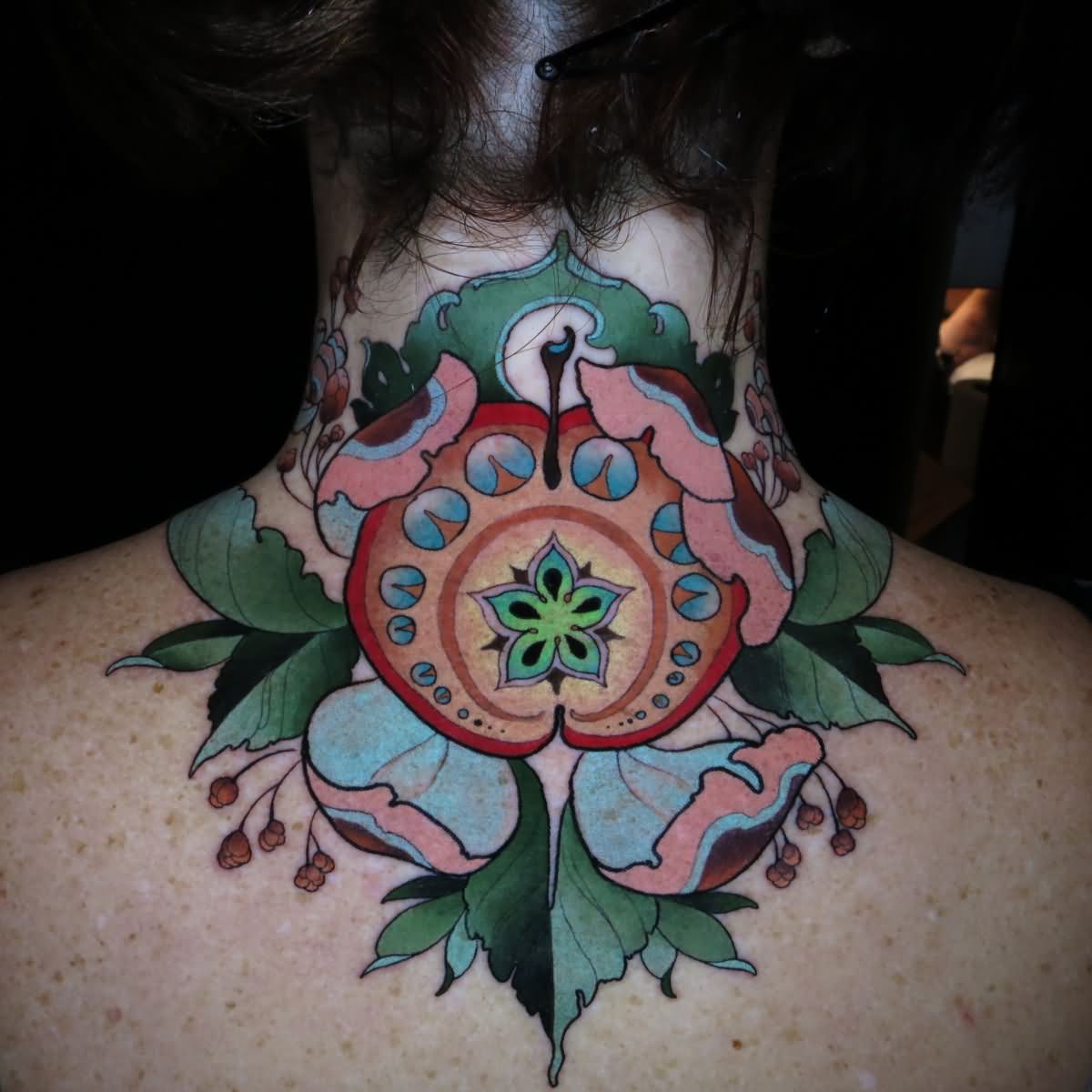Colorful Traditional Flower Tattoo On Back Neck By Ben Merrell