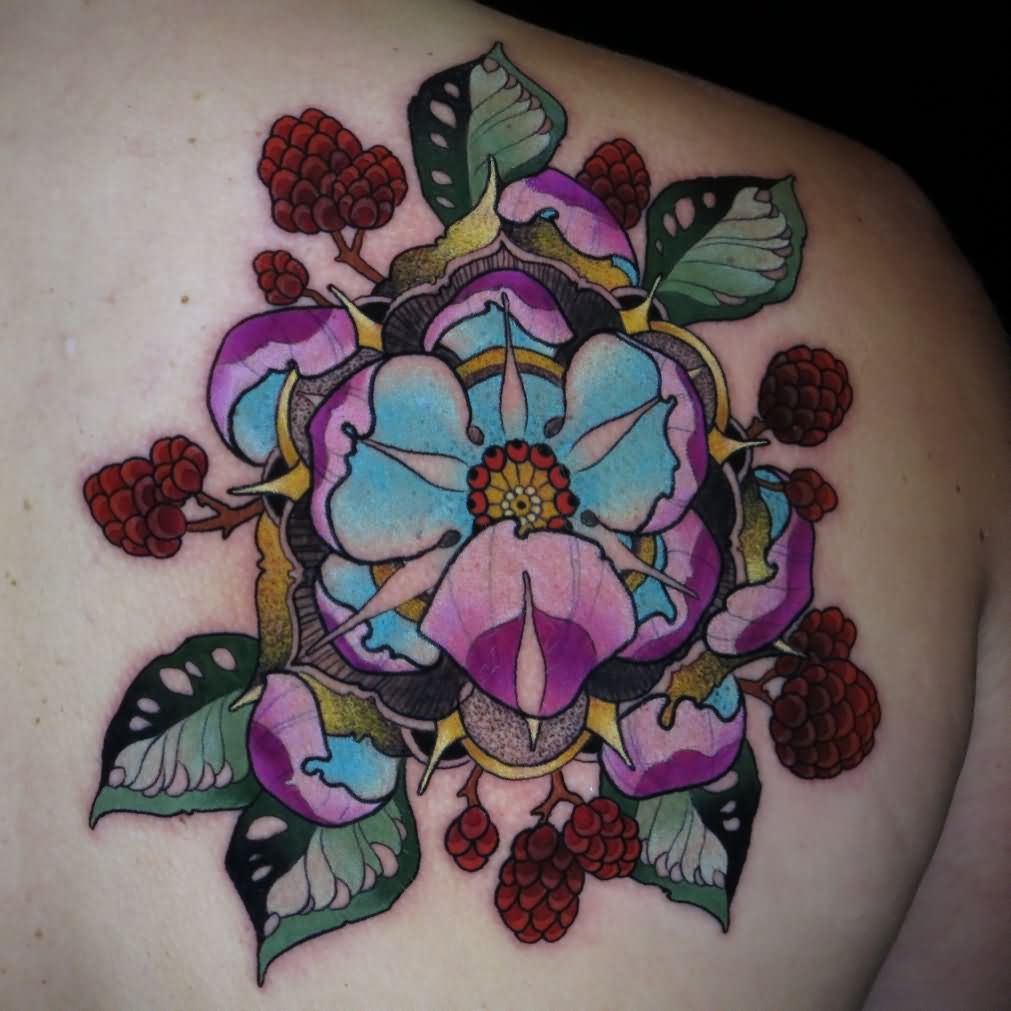 Colorful Traditional Flower Tattoo On Right Back Shoulder By Ben Merrell