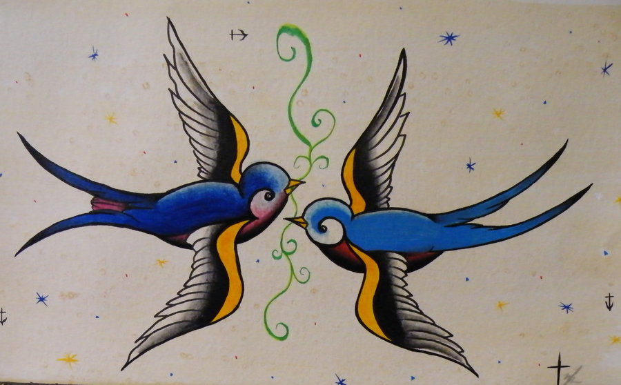 Colorful Traditional Two Flying Sparrow Tattoo Design By Tyler Bishop