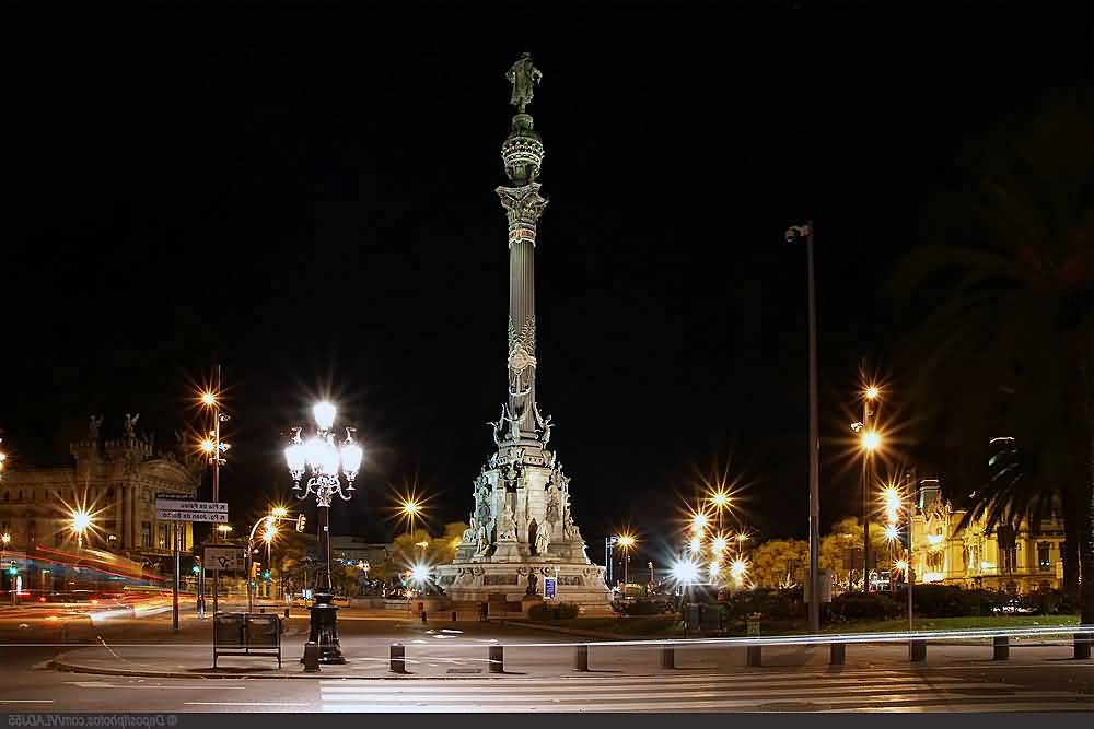 Columbus Monument Lit Up At Night