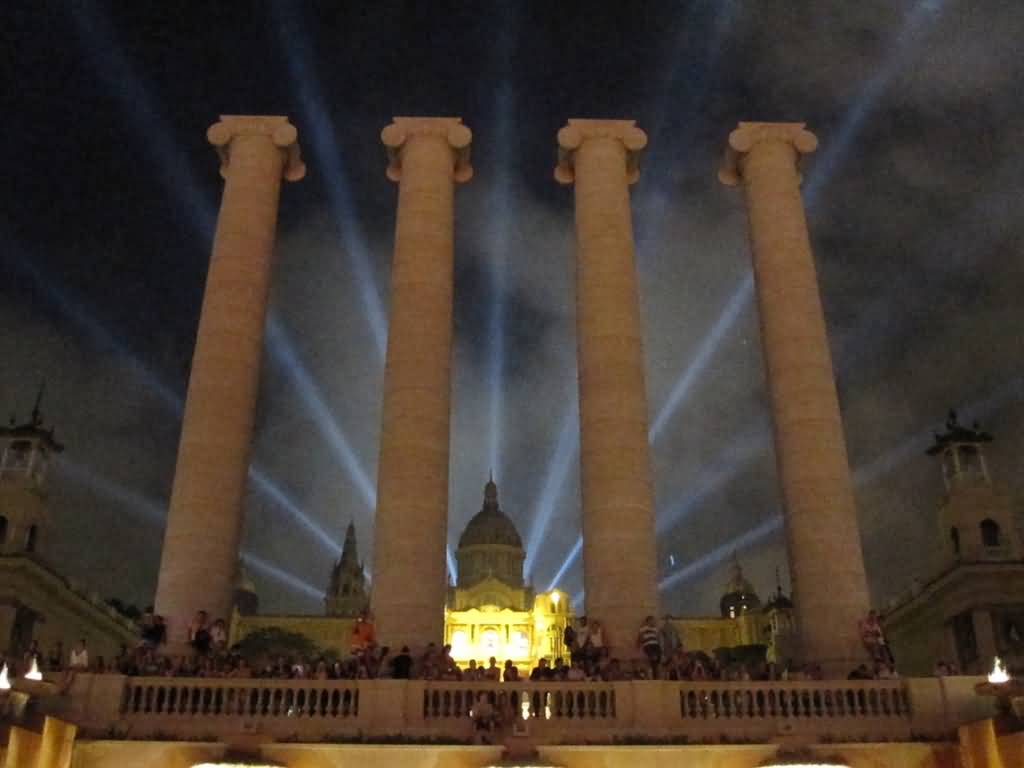 Columns And Palau Nacional At Night