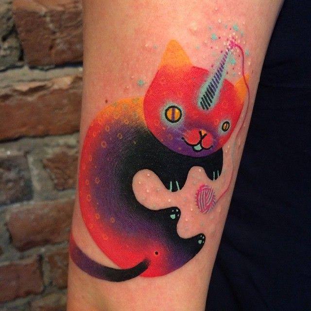 Cool Abstract Cat Tattoo On Right Half Sleeve By Giena Todryk