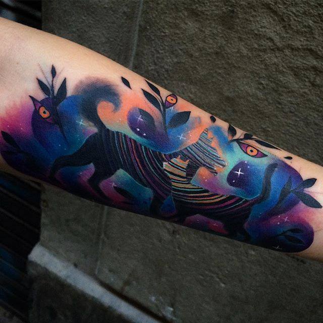 Cool Abstract Dog Tattoo On Sleeve By Giena Todryk