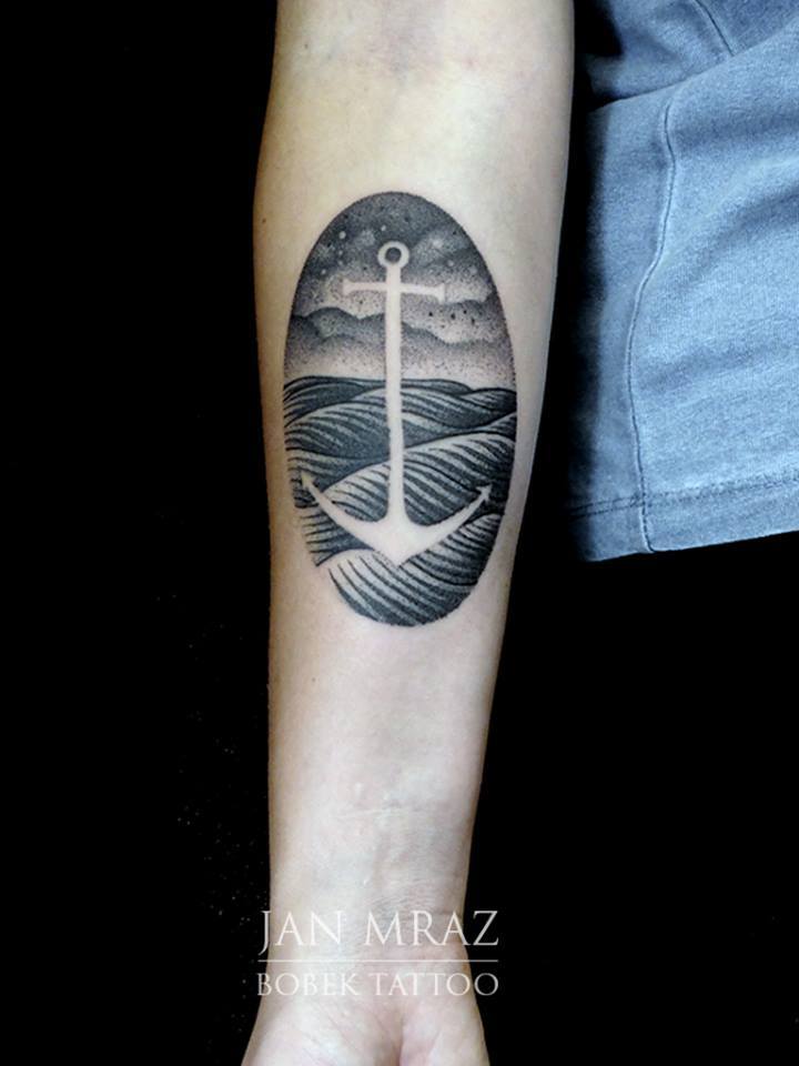 Cool Black Ink Anchor Tattoo On Right Forearm By Jan Mraz