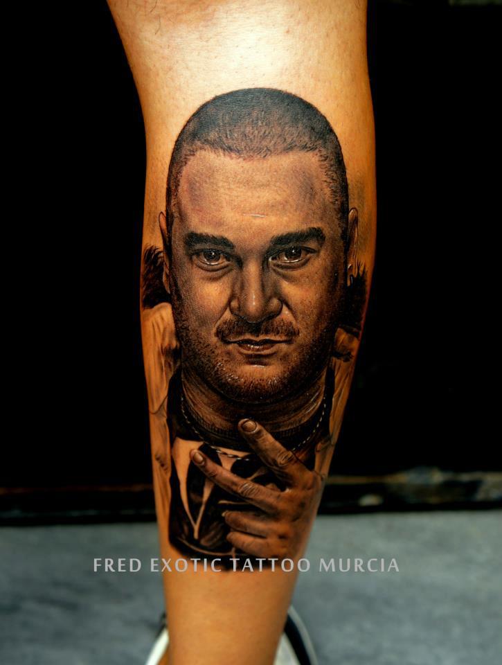 Cool Black Ink Man Face Portrait Tattoo On Leg Calf By Fredy
