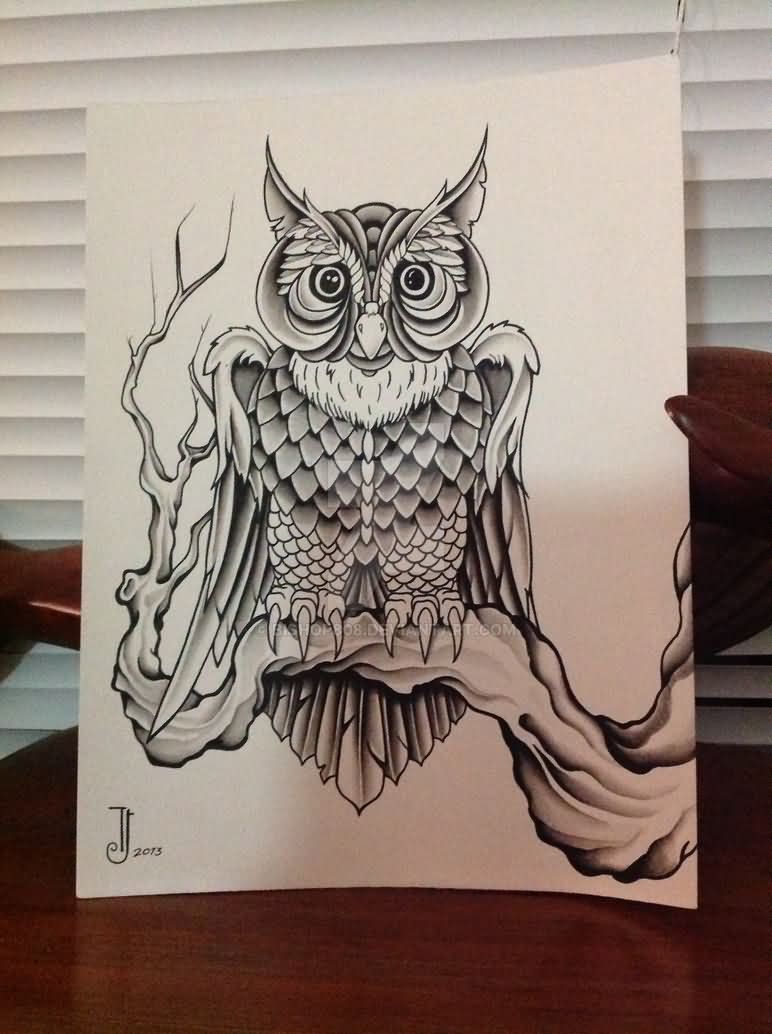 Cool Black Ink Owl On Branch Tattoo Design By Tyler Bishop