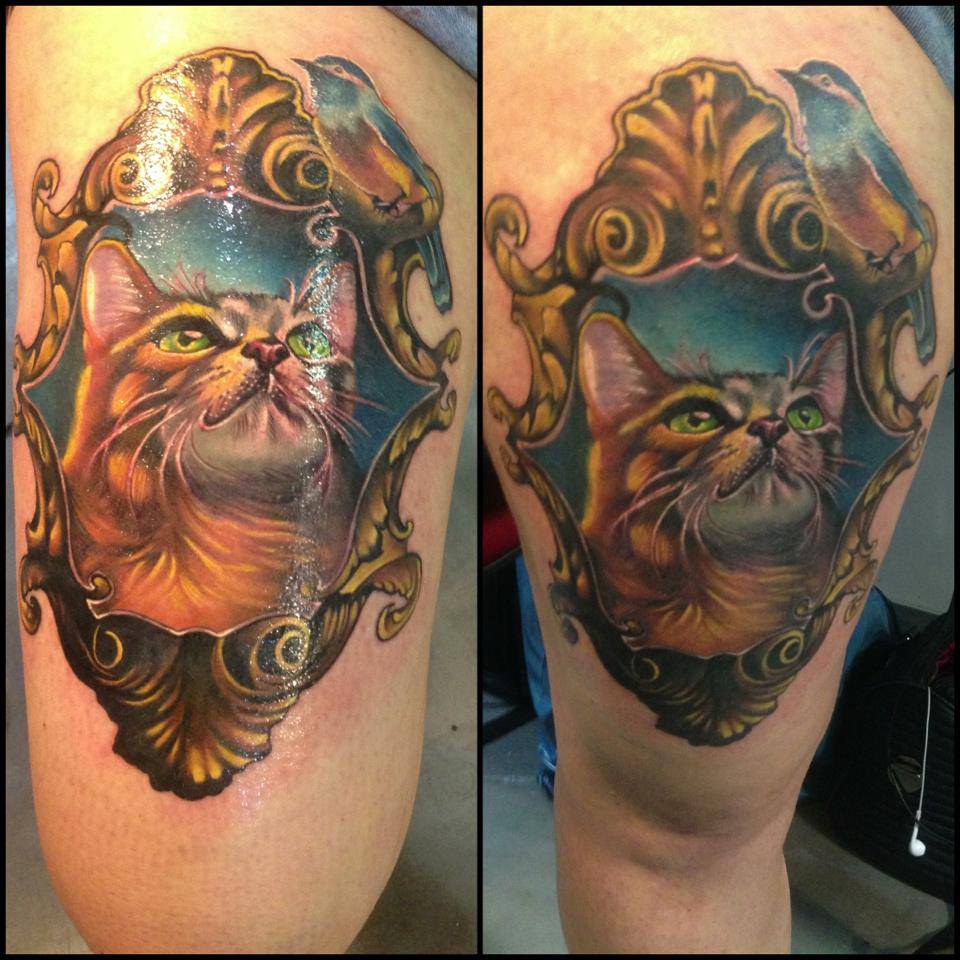 Cool Cat In Frame Tattoo On Right Thigh By Fabz