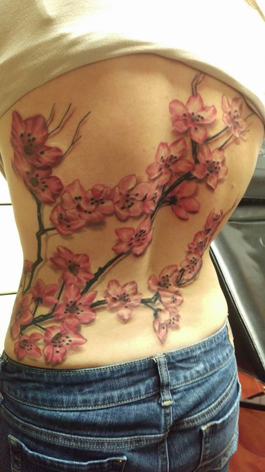 Cool Cherry Blossom Flowers Tattoo On Lower Back