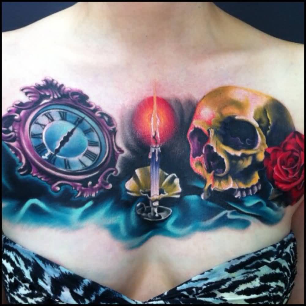 Cool Clock With Burning Candle And Skull Tattoo On Girl Collarbone By Fabz