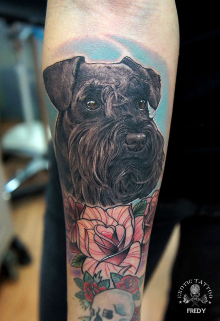 Cool Dog With Rose Tattoo On Right Forearm