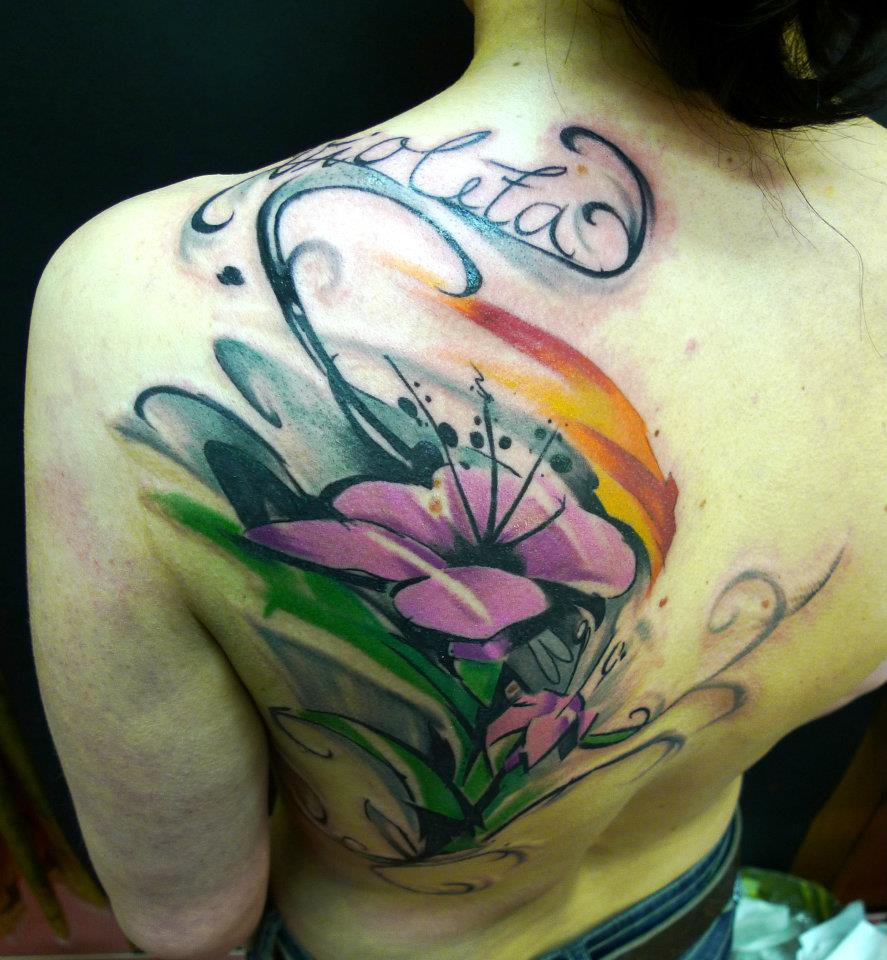 Cool Flower Tattoo On Left Back Shoulder By Peter Bobek