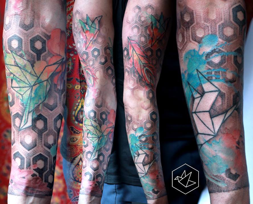 Cool Flying Paper Birds Tattoo On Full Sleeve By Yadou