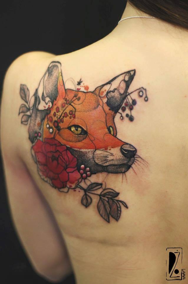Cool Fox Head With Flower Tattoo On Left Back Shoulder By Dzo Lama