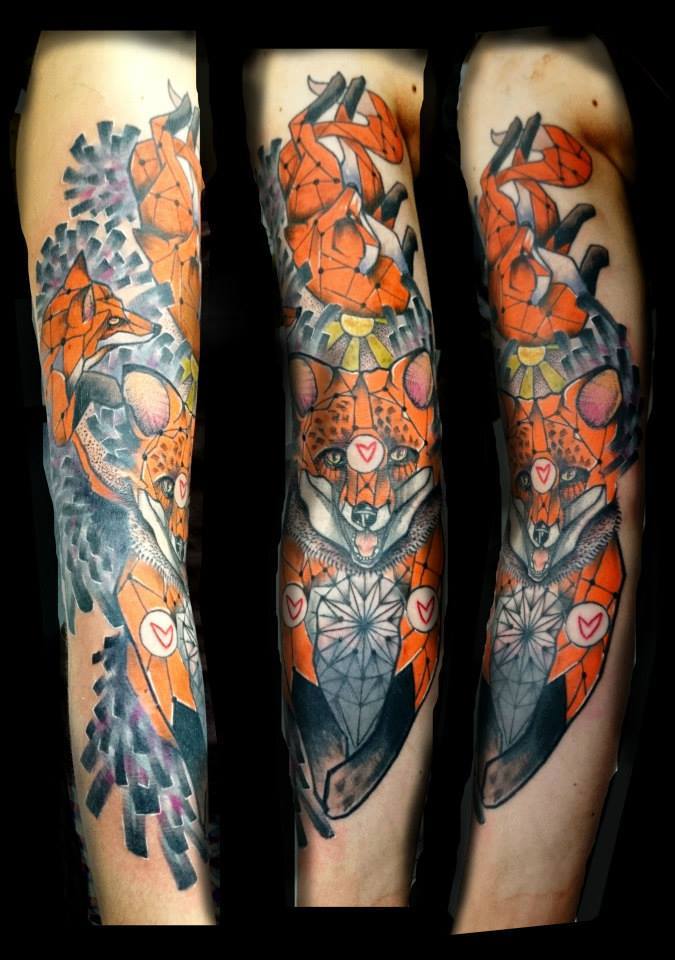 Cool Geometric Fox Tattoo On Full Sleeve