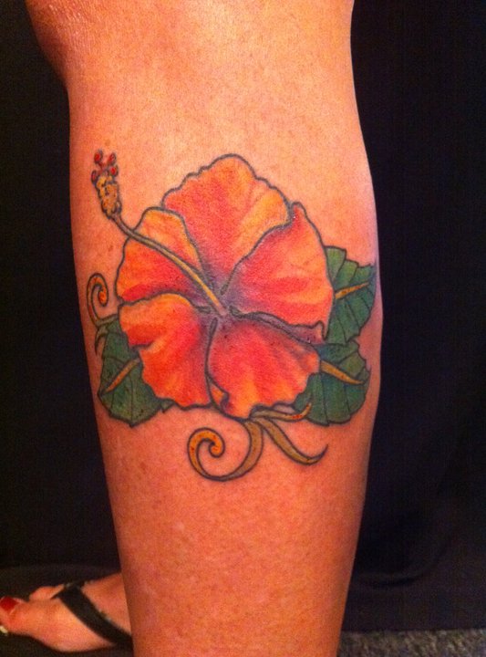 Cool Hibiscus Flower Tattoo On Left Leg