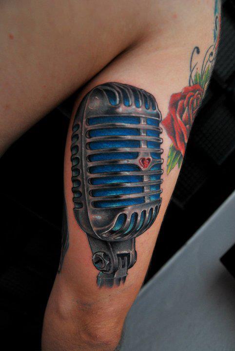Cool Mic With Rose Tattoo On Right Half Sleeve By Fredy