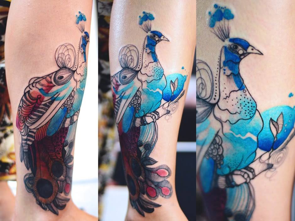 Cool Peacock Tattoo On Right Leg By Dzo Lama