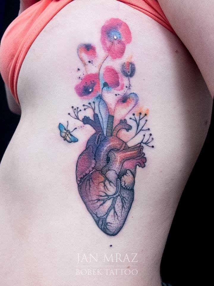Cool Real Heart Tattoo On Women Left Side Rib