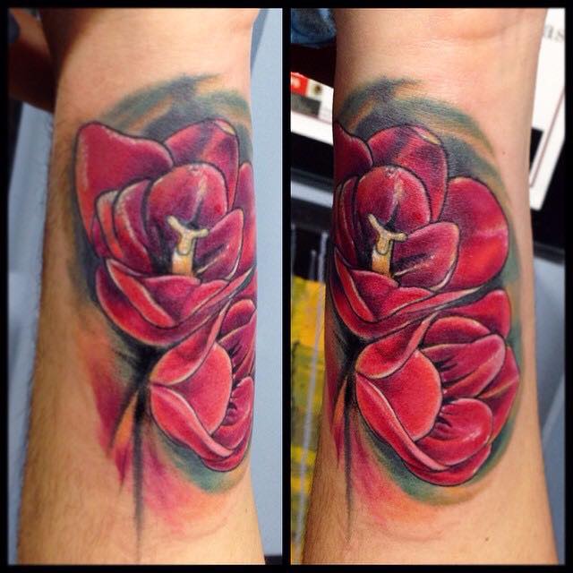 Cool Red Ink Flowers Tattoo Design For Sleeve By Pig Legion