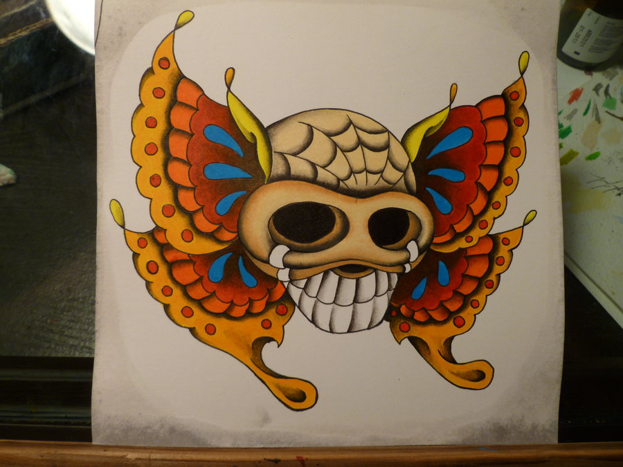 Cool Skull With Butterfly Wings Tattoo Design By Tyler Bishop