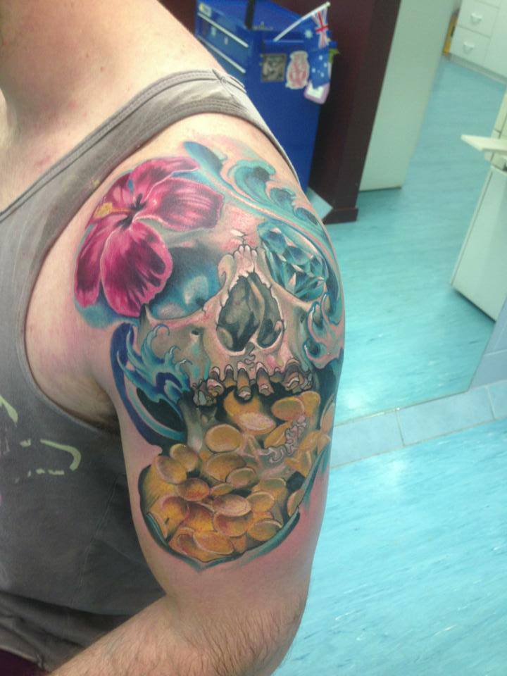 Cool Skull With Flowers Tattoo On Man Left Shoulder By Fabz