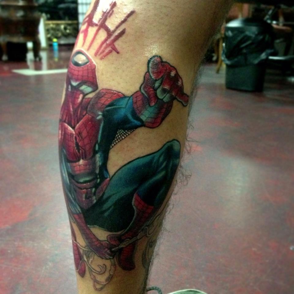 Cool Spiderman Tattoo On Right Leg