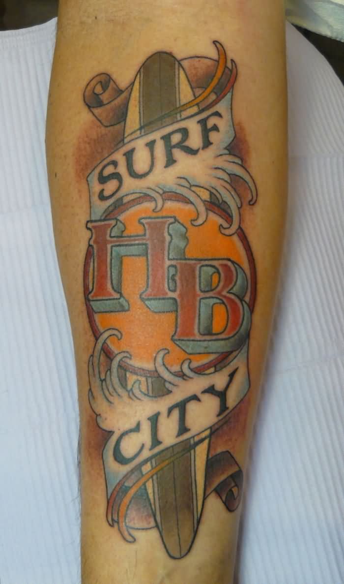 Cool Surfboard With Surf Free Banner Tattoo On Forearm