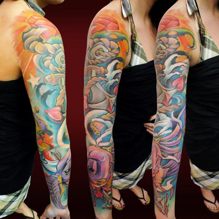 Cool Traditional Anchor Tattoo On Women Right Full Sleeve