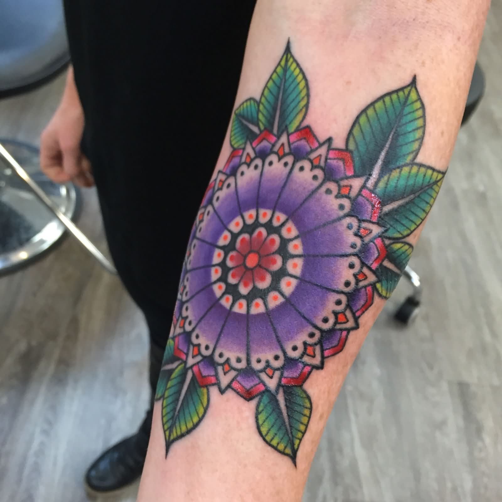 Cool Traditional Flower Tattoo On Left Forearm By Daniel Troyer