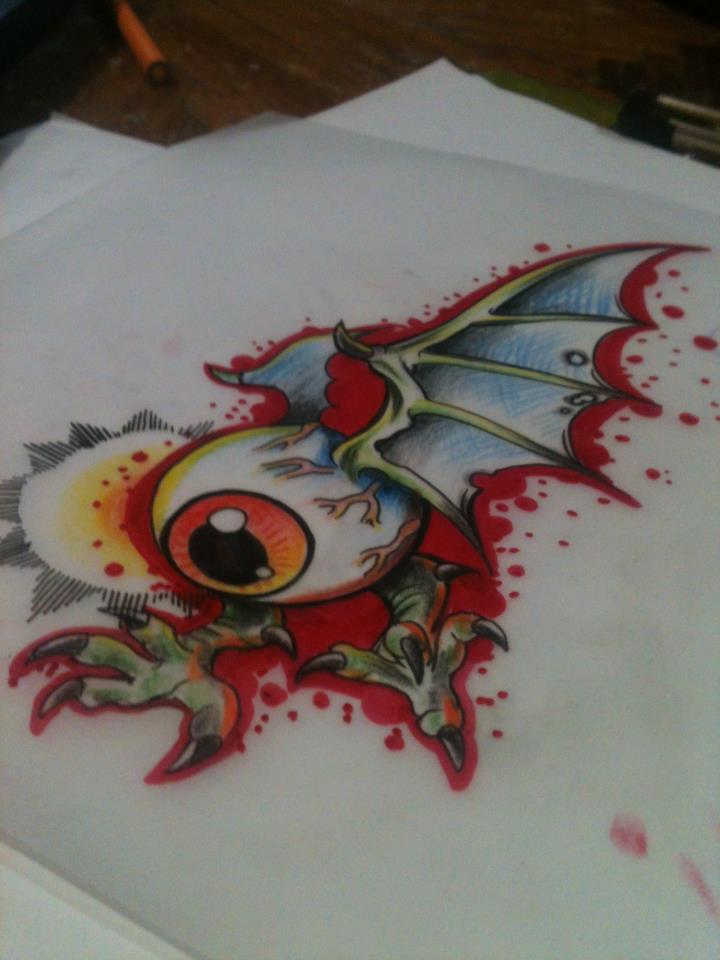 Cool Traditional Flying Eye With Bat Wings Tattoo Design By Piglegion